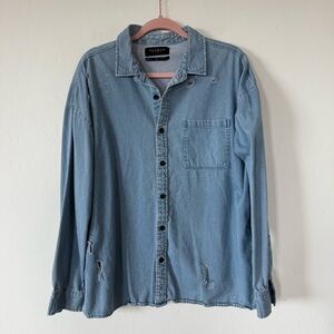 Pac Sun Boho Distressed Denim Chambray  Long Sleeve Button Down Shirt Large